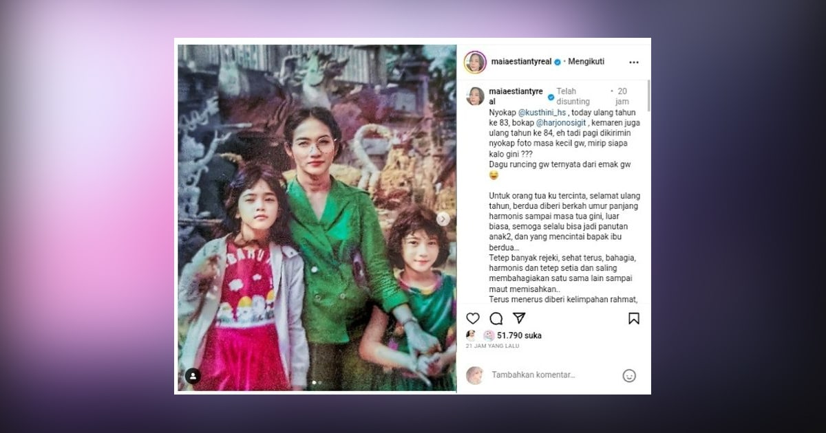Maia estianty ungkap rahasia di balik dagu runcingnya Maia estianty mengajak pengikutnya dalam sebuah perjalanan nostalgia dengan membagikan potret lawas sang ibu. Kecantikan alami kusthini, ibunda maia, mencuri perhatian, terutama dengan ciri khas dagu runcingnya yang ternyata diwariskan ke maia.
