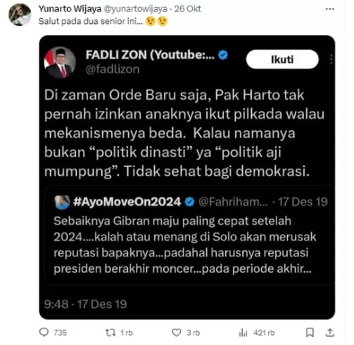 Cuitan lama fadli zon soal dinasti politik - komentar fahri hamzah, yunarto wijaya bilang begini Tweet yunarto wijaya